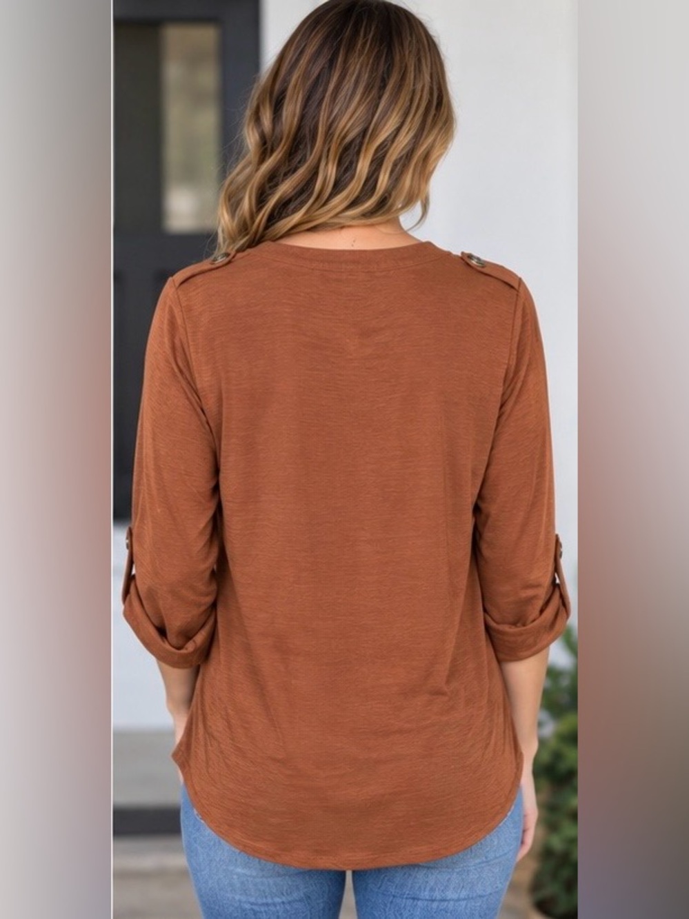 Button-Front Rust Long Sleeve Henley Tunic Top V-Neck NWT - Picture 3 of 10